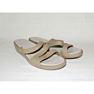 Crocs Patricia Wedge Rubber Slip On Strappy Open Toe Sandals Taupe Beige Sz.‎ 10